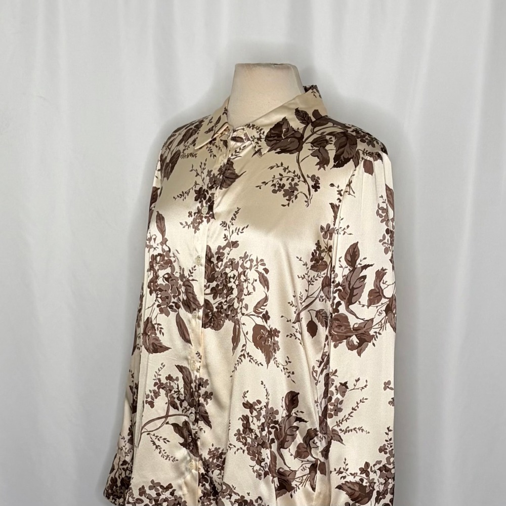 REFORMATION Silk Floral Print Blouse Top Buttondown Cream Brown Chic Large - Picture 8 of 16